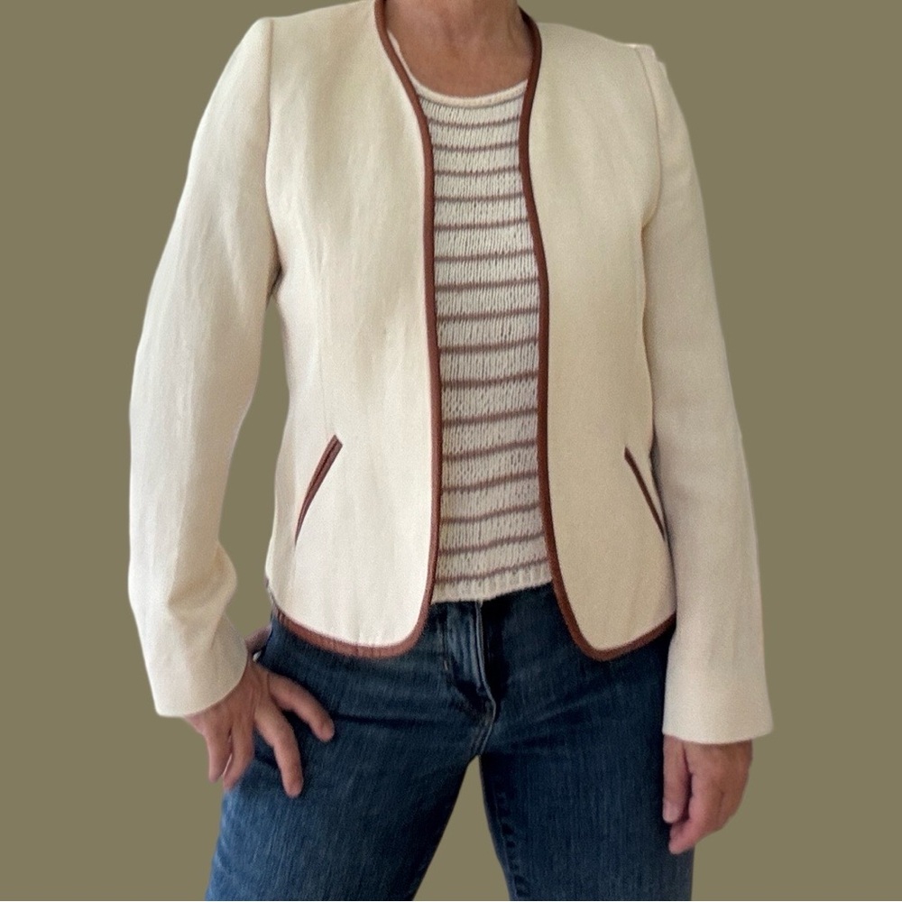 Saville Row Cotton Viscose Cream Jacket with LeatherTrim